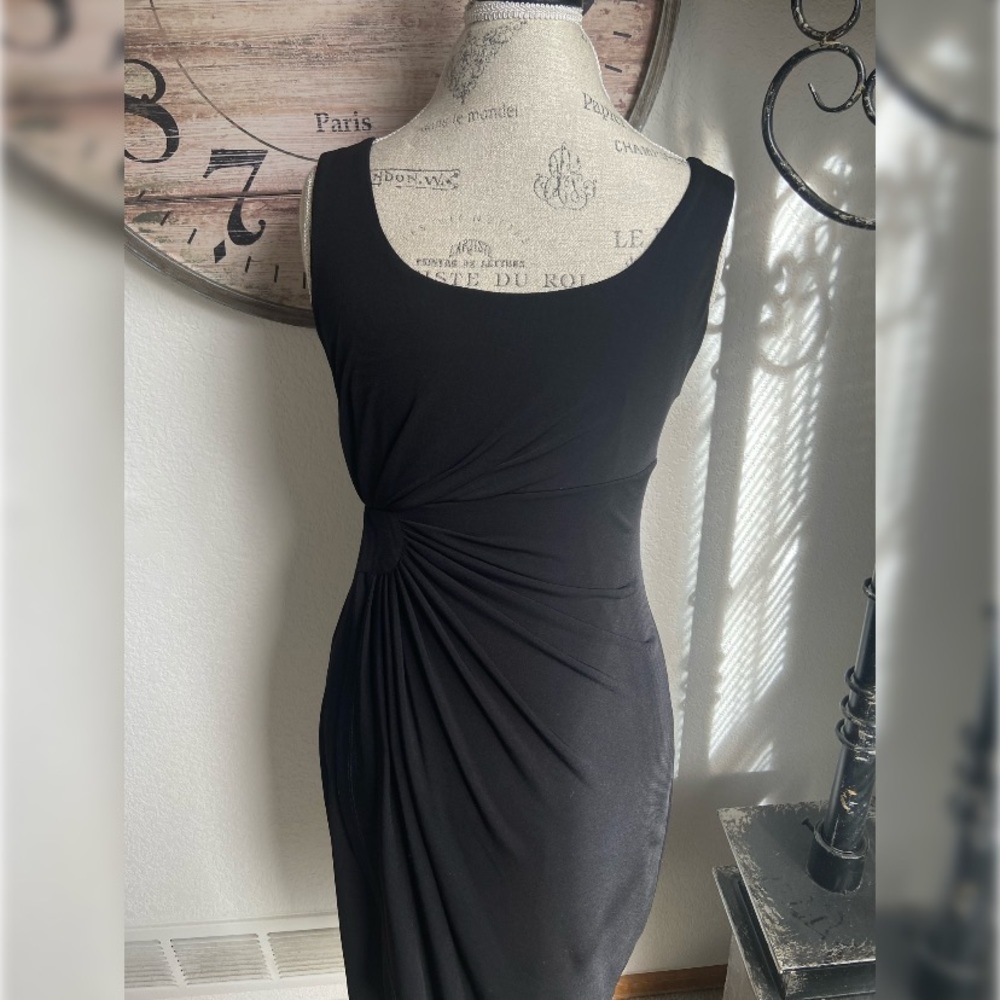 Black side gather mini dress.